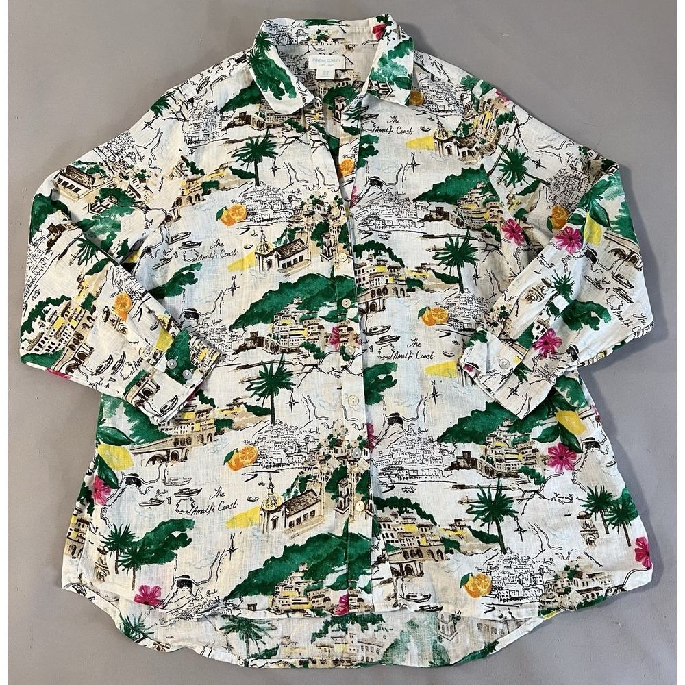 Cynthia Rowley Womens Plus 1X Blouse Shirt Amalfi Coast 100% Linen Rolled Cuff - Picture 4 of 13